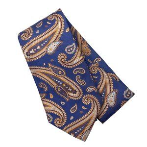 Lombardo Necktie OS Paisley Print Silk Necktie Career Office Navy Blue Gold Prep